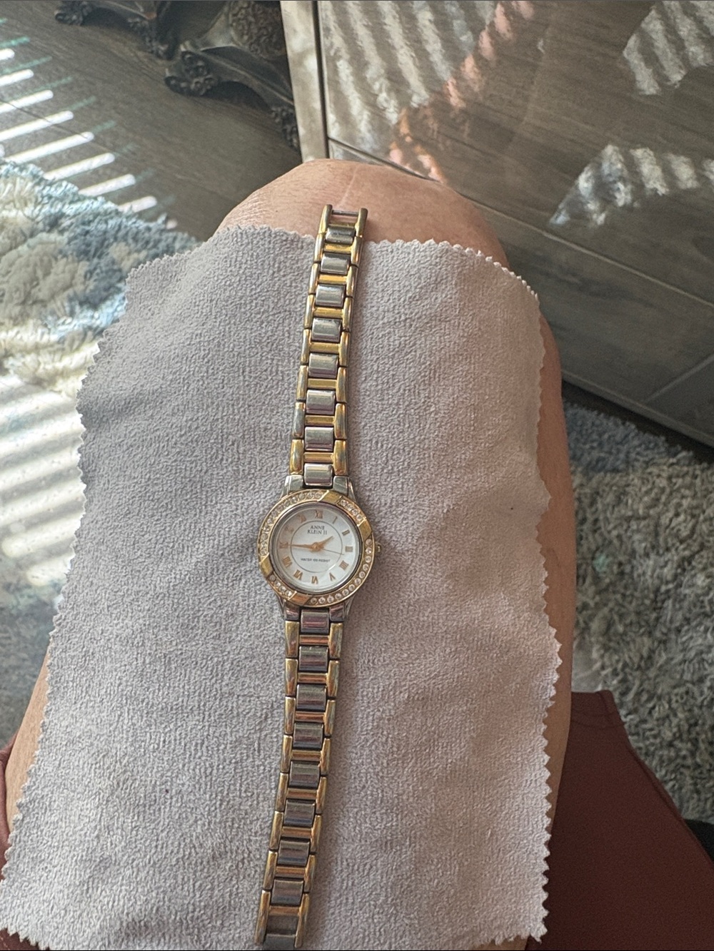 Vintage Anne Klein Two-Tone Gold and Silver Bracelet Watch with Crystal Bezel